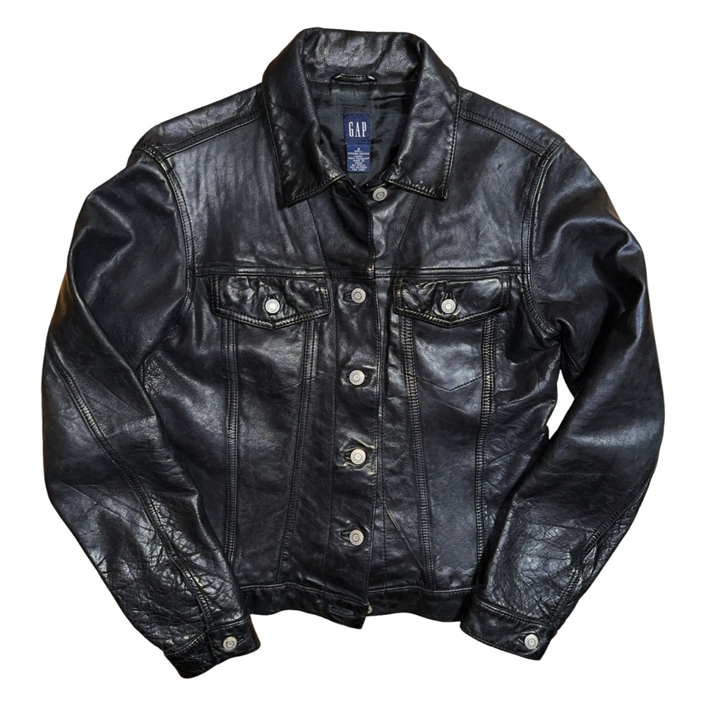 Vintage GAP Y2K Black Leather Trucker Jacket Women’s size S
